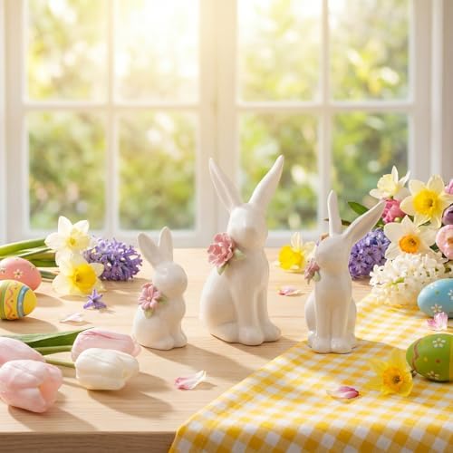FoldTier 3 Pcs Easter Ceramic Bunny Tabletop Figurine Decor Rabbit with Flower Sculpture Table Centerpiece Decoration Tabletop Decorative for Spring Easter Home Indoor Decor Holiday Party Supplies - Image 2