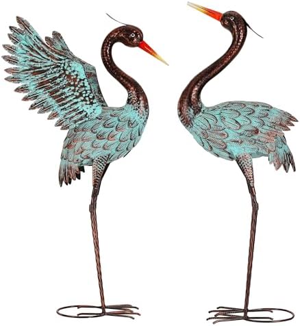 37" Blue Heron Statue Outdoor Decor, Large Metal Cranes, Patina - Image 2