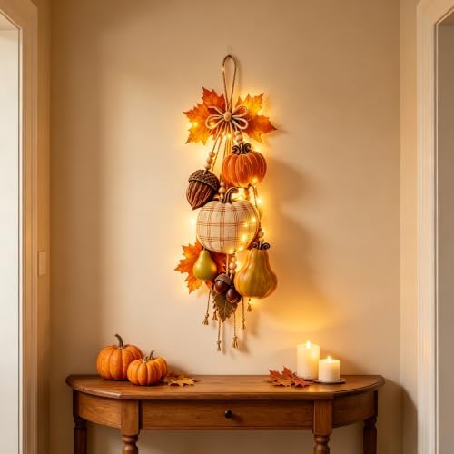 Rustic Harvest Wooden Door Hanger, Pumpkin Maple Fall Bowknot Wall Hanging Sign with Light Autumn Wreath Decorations, Wreath Farmhouse Porch Front Door Home Gift (Orange#3) - Image 2