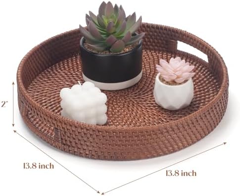 13.8 inch Round Rattan Tray, Decorative Coffee Table Tray, Ottoman Trays, Woven Serving Trays with Handles Wicker Serving Basket, Reddish-Brown - Image 4