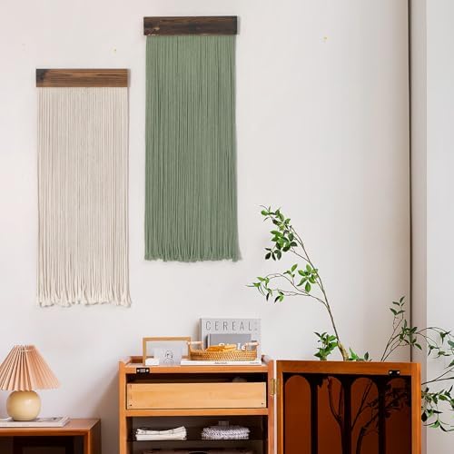 SCECALA Boho Green Macrame Wall Hanging - Set of 2, Handmade Bohemian Macrame Tapestry, Sage Green & White Yarn Decor for Living Room Bedroom, 30.7x11.8 inch - Image 5