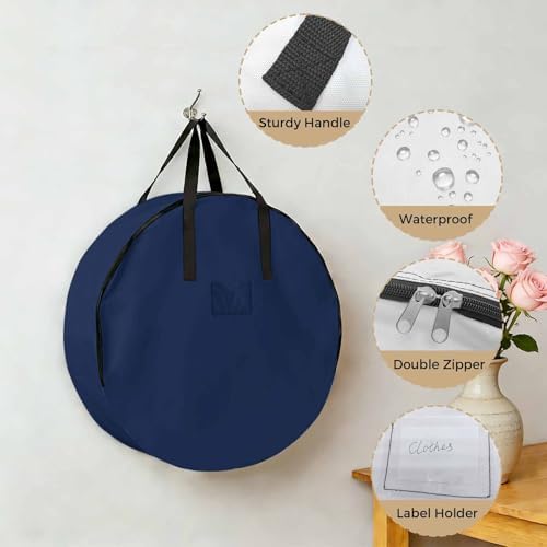 30 Inch Round Storage Bag 1 Pack,Modern Solid Color Navy Blue Waterproof Wreath Storage Container with Handles&Zipper Minimalist Pure Bleu Marine Closet Organizer Bags Garland Box - Image 5