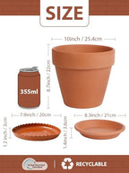 INGOFIN Terracotta Pot Set of 2 with Saucer - 10 Inch Ceramic Clay Pot for Plants with Drainage Hole, Large Terra Cotta Flower Planter with Tray for Indoor Outdoor Plants - Image 2