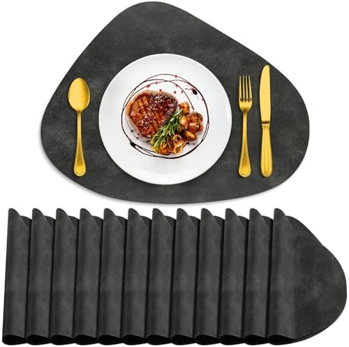 ADRIMER Placemats, Heat Resistant Round Placemats Set of 12 Washable 13 x 17 Inch, Waterproof Table Mats Wipeable for Kitchen, Dining Room Table Christmas Decor, Dark Grey by Adrimersdreamistobeanindispensablecompanioninyourlife