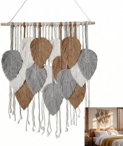 Jditngp Macrame Leaf Wall Hanging Boho Woven Tapestry,Vertical Large Wall Decor Tassels Grey brown Hand Woven Leaf Feather Pendants Nordic Wall Art for Bedroom Living Room Apartment 23.6" WX31.5 L by JditngpRoundBackdropCover