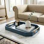 Decorative Wood Serving Tray with Polished Gold Handles, Octagon MDF Tray, Glossy Finish, 16x12 Inch, for Coffee Table, Ottoman (Blue) - Image 2