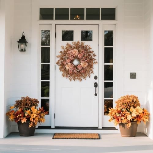 26" Artificial Silk Rose Dahlia Flower Wreath for Front Door (Fall Orange) - Image 3