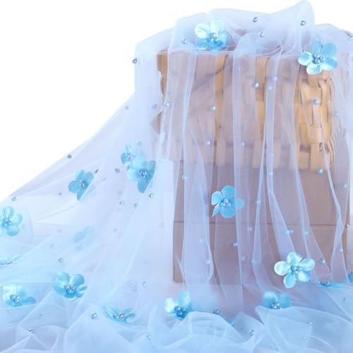 5 Pack Baby Blue Pearl Tulle Tablecloths 10ft Floral Sheer Table Overlays - Image 3