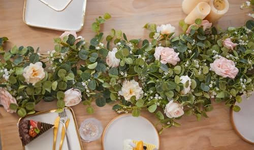 Anna's Whimsy 2PCS 5.91FT Artificial Eucalyptus Garland with Flowers, Fake Rose Gypsophila Garland, Faux Floral Garlands Greenery for Wedding Spring Home Party Table Runner Decor (Pink) - Image 7