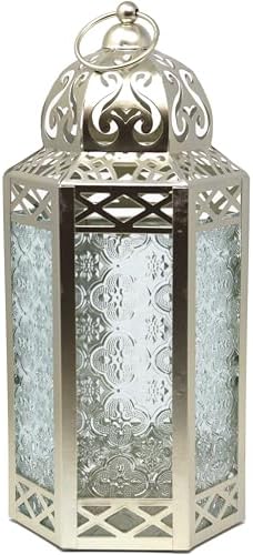 Vela Lanterns Decorative Indoor Candle Holder Table Centerpieces - Moroccan Hanging Outdoor Patio & Porch Home Decor, Turkish Lamp for Wedding, Ramadan (Large 12", White Gold) by VelaCandleLanterns