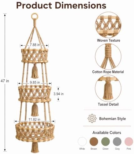 Macrame Hanging Fruit Basket, 3-Tier Boho Kitchen Storage (White) - Image 2