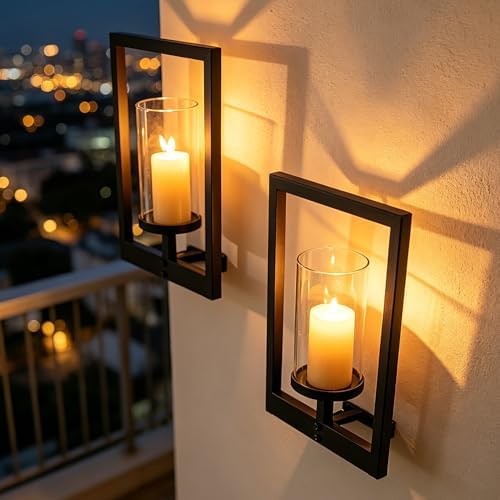 Modern Metal Wall Sconce Candle Holder Set of 2, Matte Black Floating Frame with Removable Glass Chimney, 11.8" Decorative Wall Mounted Lantern for Living Room, Patio, or Planter Display by Unknown
