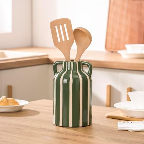 Ceramic Vase with Handles, Modern Farmhouse Striped Decorative Vase, 9.1" Art Deco Tall Flower Vases for Pampas Grass, Shelf Decor, Dining Table Centerpiece, Living Room Home Decor (Sage Green) - Image 4
