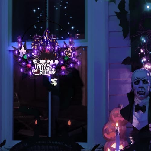Pre-Lit Halloween Wreath for Front Door, Lighted Witch with 6H On/18H Off - Image 7