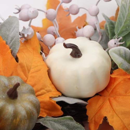 Artificial Fall Wreath 22 Inch Fall Wreaths for Front Door with White Pumpkins Oeange Maple Leaves Lamb's Ear and Berries Autumn Wreath Thanksgiving Harvest Wreath for Festival Wall Porch - Image 4