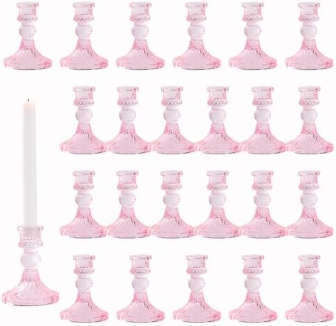 Glass Candle Holders Set, Vintage Decorative Design,Elegant Table Candlesticks Set for Dining Room,Wedding, Spring Party, Romantic Dinner, Festival & Windowsill Decor (24, Light Pink, XZS) by Unknown