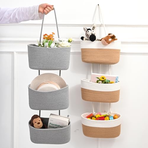 ICERZCZ Hanging Baskets for Organizing, Over the Door Decorative Storage Organizer, Nursery Decor Organization, 3-Tier Wall Basket for Entryway Playroom Bathroom Closet, Light Gray - Image 5