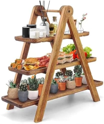 Mumusuki Wood 3 Tier Serving Tray, Rectangle Decorative Fruits Cakes Snacks Serving Stand, Farmhouse Tiered Tray For Party Wedding Picnic, Brown by Mumusuki