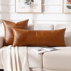 Fancy Homi Brown Boho Long Lumbar Faux Leather Body Decorative Throw Pillow Cover 14x40 Inch for Bedroom Couch Bed Sofa Bench, Thick Stylish Solid Square PillowCase, Rustic Modern Farmhouse Room Decor - Image 6