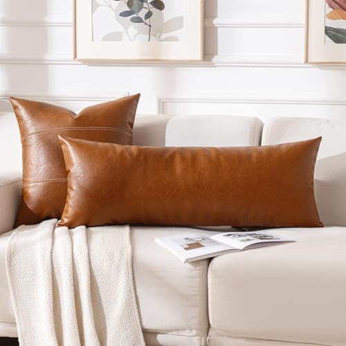 Fancy Homi Brown Boho Long Lumbar Faux Leather Body Decorative Throw Pillow Cover 14x40 Inch for Bedroom Couch Bed Sofa Bench, Thick Stylish Solid Square PillowCase, Rustic Modern Farmhouse Room Decor - Image 6
