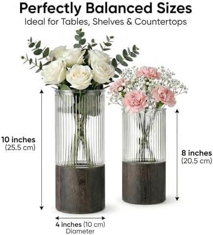 Ribbed Glass Flower Vase Set of 2 with Dark Wood Bases, 10 and 8 Inch Tall - Image 3