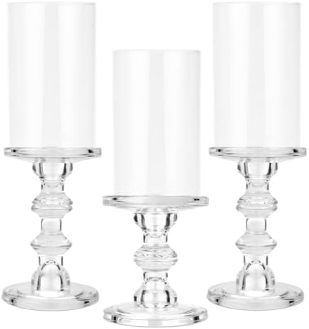 CHILL RECIPE Hurricane Candle Holder Glass Pillar Candle Holder Set of 3, Tall Big Wide Taper Candlestick Candle Holder with Chimney for Christmas Decoration Wedding Table Dinning Church Centerpiece by CHIILLRECIPE