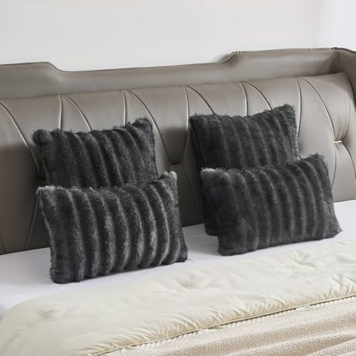 FUTEI Pack of 2 Faux Mink Fur Throw Pillow Covers 26x26 Inch, Dark Grey - Image 6