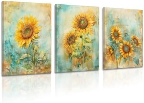 Zeredi Sunflowers Canvas Wall Art Prints, Vintage Impressionist Yellow Flowers Painting Wall Decor, Vintage Watercolor Style Artwork for Living Room Bedroom Framed Ready to Hang 12"x16" Set of 3 by Unknown