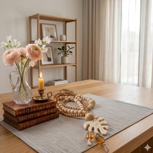 Laju Handmade Tiana - Brazilian Wood Bead Garland with Monstera Leaf - 25" Organic Boho Home Decor & Coffee Table Styling Accessory - Image 3