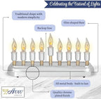 Contemporary Electric Hanukkah Menorah Stainless Steel Hanukkiah with Flickering Bulbs Horizontal Electronic Minorah for Chanukah Flameless Candles or Hanukkah Lights Decorations - Image 4