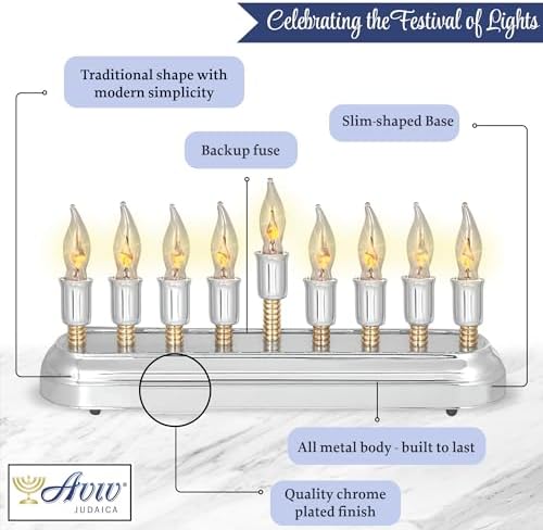 Contemporary Electric Hanukkah Menorah Stainless Steel Hanukkiah with Flickering Bulbs Horizontal Electronic Minorah for Chanukah Flameless Candles or Hanukkah Lights Decorations - Image 4