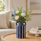 SURE YUESI Blue Ceramic Vase with Handles, Modern Farmhouse Striped Decorative Vase, 9.1" Art Deco Tall Flower Vases for Pampas Grass, Shelf Decor, Dining Table Centerpiece, Living Room Home Decor - Image 3