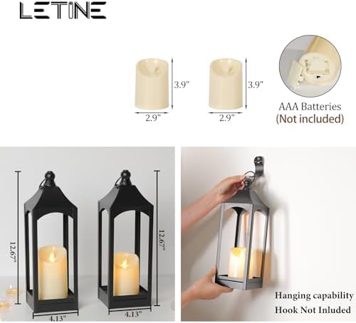 LETINE 2-Pack 12.67" Black Metal Farmhouse Candle Lanterns with LED Flameless Candles – Decorative Indoor/Outdoor Fall Decor for Home, Halloween Decorations for Porch & Mantel（NO Glass） - Image 2