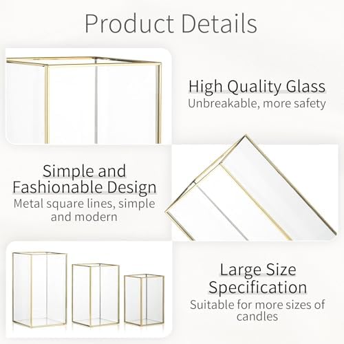 Glass Hurricane Candle Holder: 3 Pcs Gold Large Rectangular Hurricane Candleholder Lantern Centerpieces for Tables Glass Decorative Lantern Candle Holder for Wedding Christmas Home Decor - Image 5