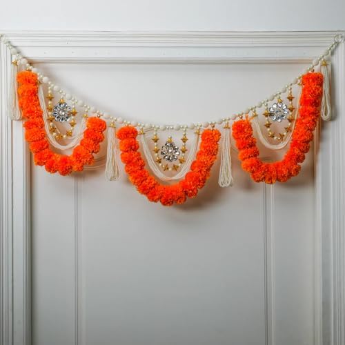 Pearl & Stone Made Toran | Artificial Flowers Toran with White Gold Moti | Home Door Hanging, Living Room, Bandanwar, Wedding, Diwali, Pooja, Mandir Decor & Indian Housewarming Gift - 3 Ft (Pack of 1) - Image 2