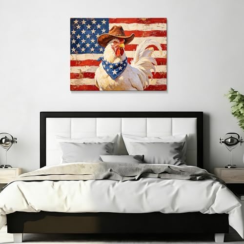 July 4th Patriotic Canvas Wall Art 4th of July USA Decorations Vintage American Flag Chicken Painting Roosters Chickens Picture Wall Decor Independence Day Home Decor 24x32in - Image 5