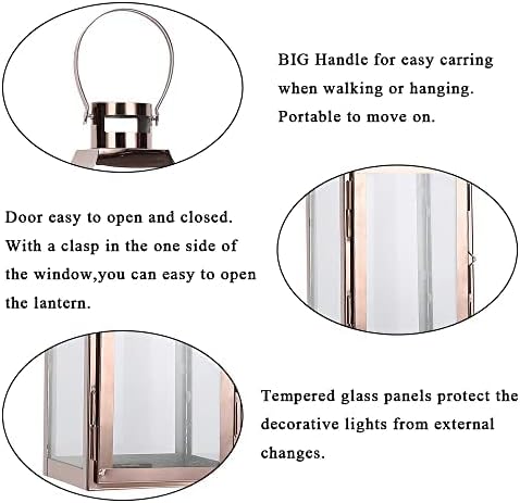 JHY DESIGN Decorative Candle Lanterns 15" High Stainless Steel Candle Lanterns with Tempered Glass for Indoor Outdoor Events Parities and Weddings Vintage Style Hanging Lamps(Rose Gold) - Image 3