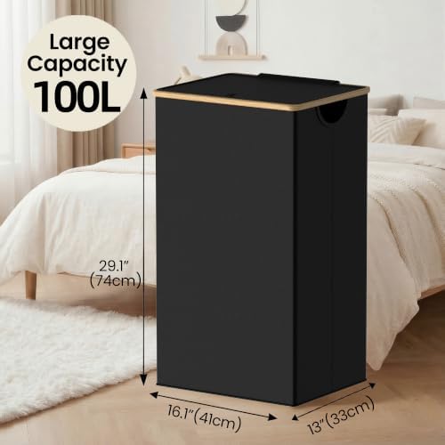 efluky 100L Laundry Basket with Lid and Net Bag, Tall Laundry Hamper with Bamboo Handles, Aesthetic Dirty Clothes Bin for Laundry Room, Bathroom, Bedroom and Dorm, Black - Image 3
