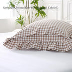 Silnuo Taupe/White Gingham Plaid Ruffled Pillow Covers King Size Set of 2 - Image 4