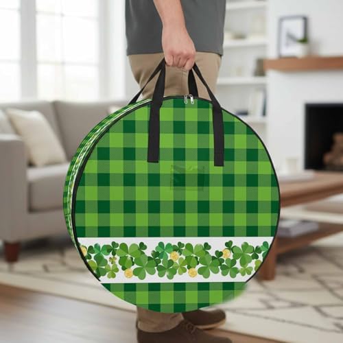 30 Inch Round Storage Bag 1 Pack,Irish Lucky Shamrock Threeleaf Grass Waterproof Wreath Storage Container with Handles&Zipper Green Buffalo Plaid Closet Organizer Bags Garland Box by Unknown