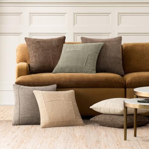Foindtower Set of 2 Decorative Patchwork Chenille Throw Pillow Covers Textured Modern Vintage Cushion Cover Neutral Boho Accent Home Decor for Sofa Chair Couch Bed Living Room,20×20 Inch,Taupe Gray - Image 7