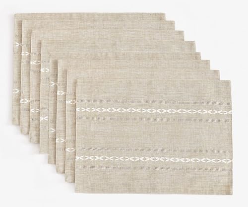 Wracra Cotton Linen Place Mats, Coffee Embroidered Placemats Set of 8 by Wracra