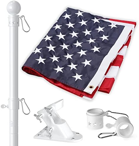 American Flag with Pole for House, 5FT Flag Pole Kit with us flag 3x5 heavy duty outdoor indestructible, Tangle Free Flag Pole with Bracket for Residential, Commercial, Outdoors Garden, White by YOHSUGODIRECT