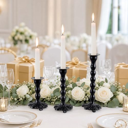AIM & GGKK Black Candlestick Holders Set of 3, Premium Metal Taper Candle Holders with Elegant Petal Base & Beaded Column Design, Matte Black Finish for Table Centerpiece Wedding Party Home Decor - Image 3