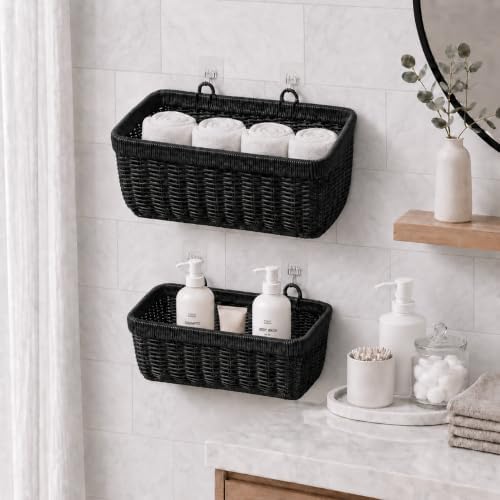 AceList Wall Hanging Basket, Boho Style Hand-Woven Hanging Storage Baskets - Set of 2, Ideal for Kitchen, Garden, Boho Room Decor, and Living Room (Black, 2 pc (large)) - Image 3