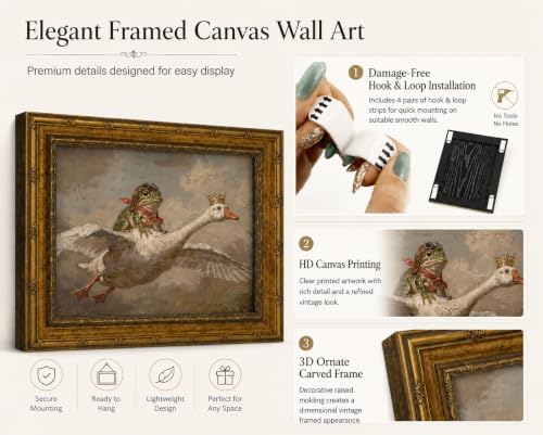 Gold Framed Frog Riding Goose Wall Art, Whimsical Canvas Print, 24x16 - Image 2