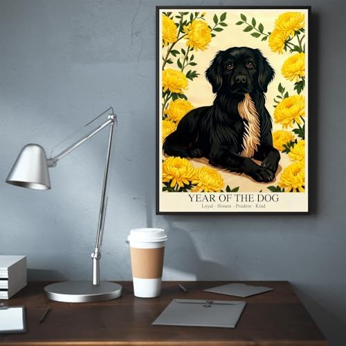 Chinese Lunar Year Of The Dog Wall Art - Black Dog & Yellow Chrysanthemum Canvas Print for Home Decor - Loyal Honest Prudent Kind Theme 12X18 in Black Framed - Image 6
