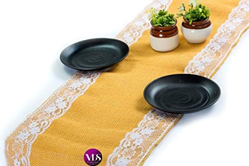 VDS Pack of 25, Burlap Table Runner with White Lace Edge, 100% Natural Jute Rustic Hessian Table Cloth Centerpiece for Wedding Birthday Party Banquet Table Decoration (Size 12X108 Inch)(Gold) by VDS