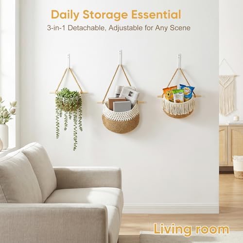 Boho Style Handwoven Rope Hanging Basket - 3-Tier Detachable Storage Organizer for Kitchen/Bathroom/Entryway, 3 Included Heavy-Duty Hooks, 7 Color Options Available (Brown) - Image 5