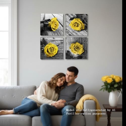 Yellow Rose Canvas Wall Art Decor, 4-Piece Rustic Floral Picture 12x12 Inch - Image 5